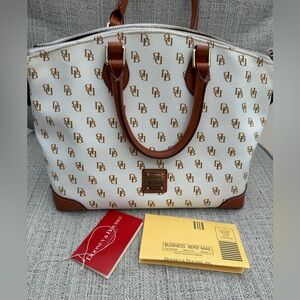 Dooney & Bourke White and Brown Large Satchel Leather Monogrammed Papers